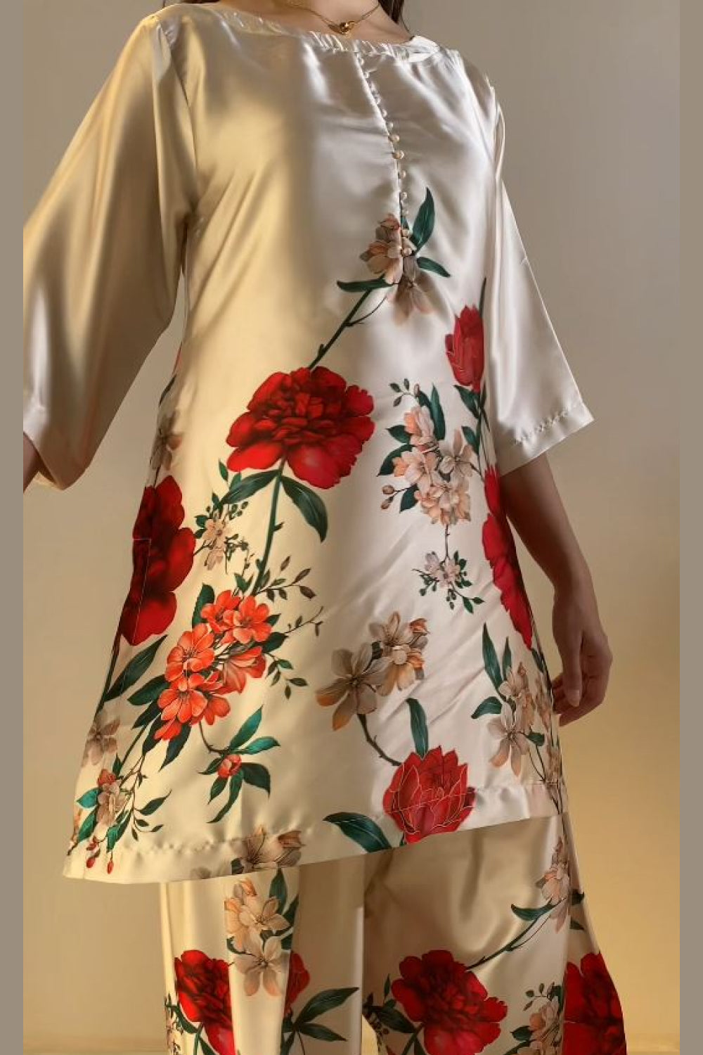Cream Red Floral Farshi Shalwar Kameez with Dupatta