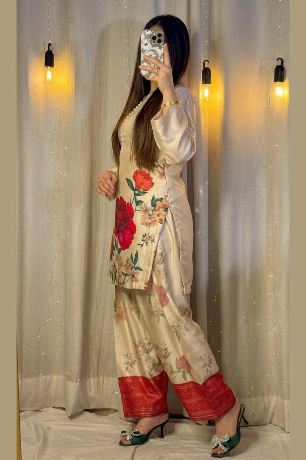 Cream Floral Farshi Shalwar Kameez with Red Border