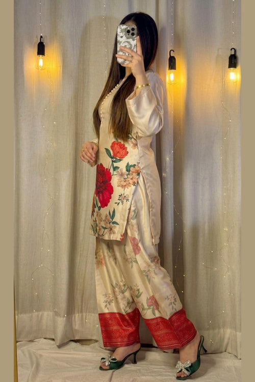 Cream Floral Farshi Shalwar Kameez with Red Border