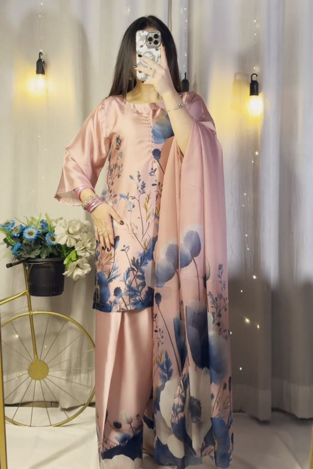 Pink Blue Floral Farshi Shalwar Kameez with Printed Dupatta