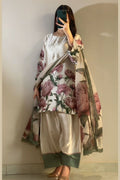 Cream Pink Floral Farshi Shalwar Kameez with Green Border