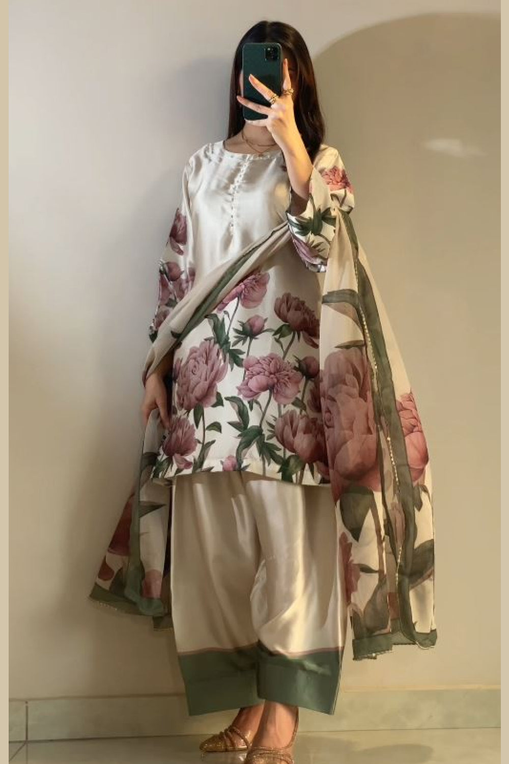 Cream Pink Floral Farshi Shalwar Kameez with Green Border