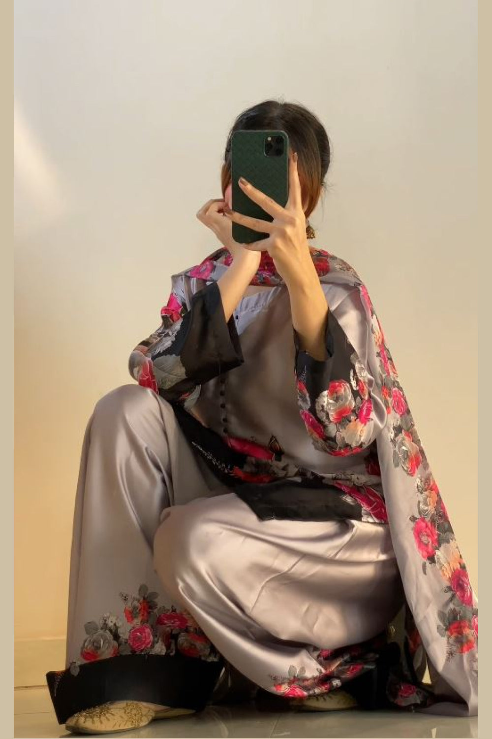 Black Grey Floral Farshi Shalwar Kameez with Printed Dupatta