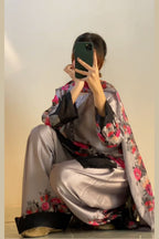 Black Grey Floral Farshi Shalwar Kameez with Printed Dupatta