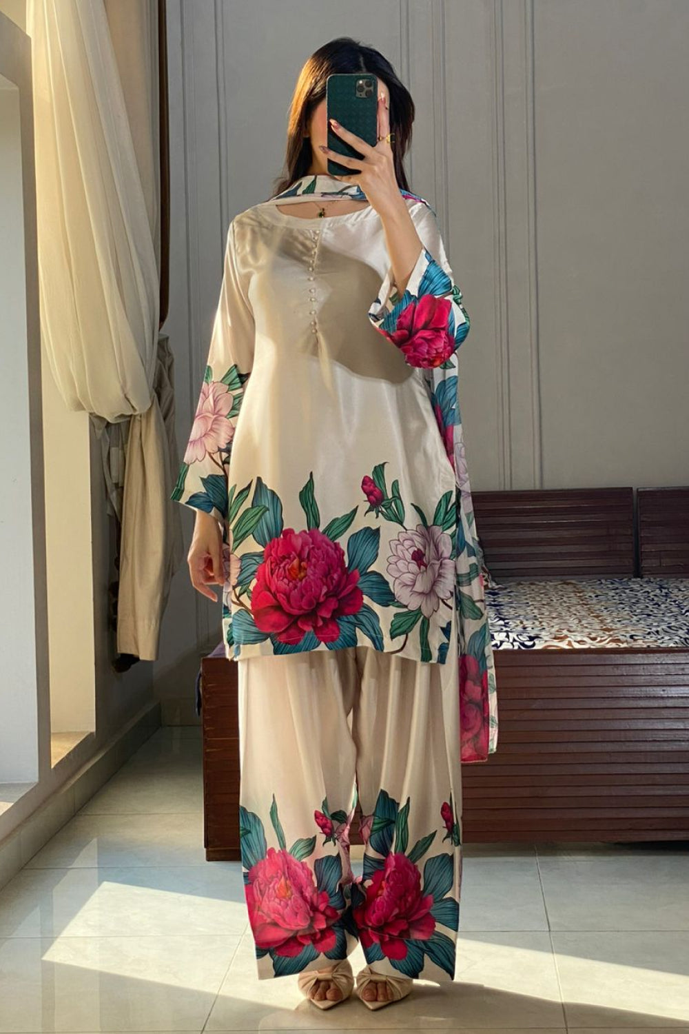 Cream Floral Farshi Shalwar Kameez with Pink Peony Print
