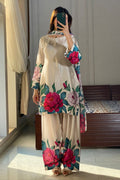 Cream Floral Farshi Shalwar Kameez with Pink Peony Print