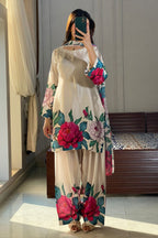 Cream Floral Farshi Shalwar Kameez with Pink Peony Print