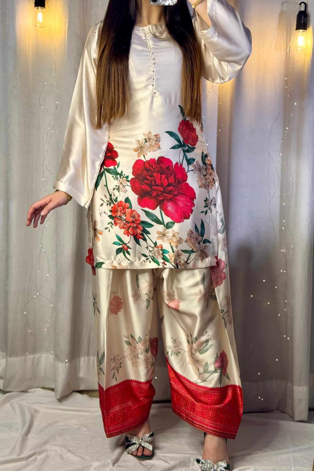 Cream Floral Farshi Shalwar Kameez with Red Border