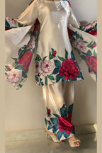 Cream Floral Farshi Shalwar Kameez with Pink Peony Print