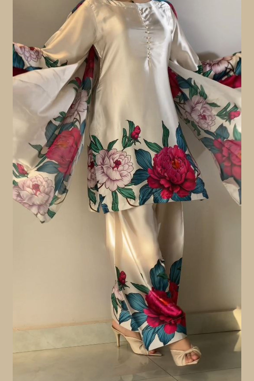 Cream Floral Farshi Shalwar Kameez with Pink Peony Print