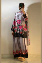 Black Grey Floral Farshi Shalwar Kameez with Printed Dupatta