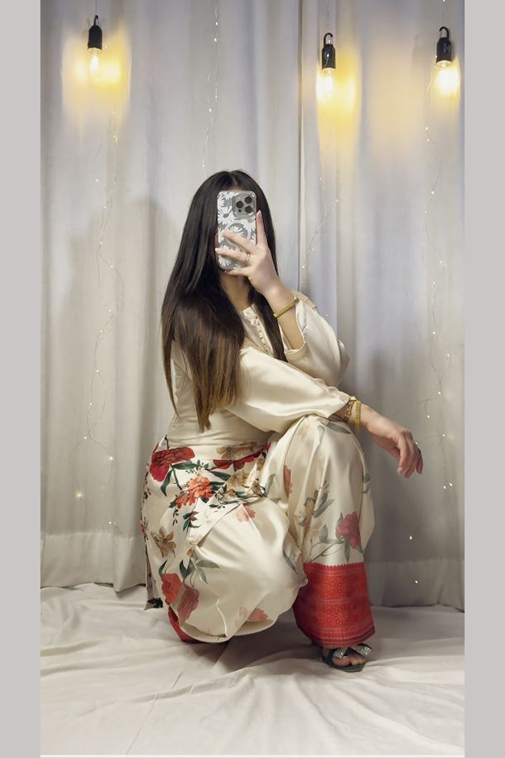 Cream Floral Farshi Shalwar Kameez with Red Border