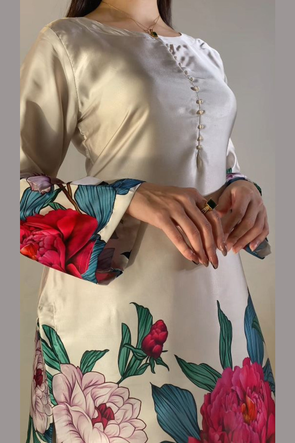 Cream Floral Farshi Shalwar Kameez with Pink Peony Print