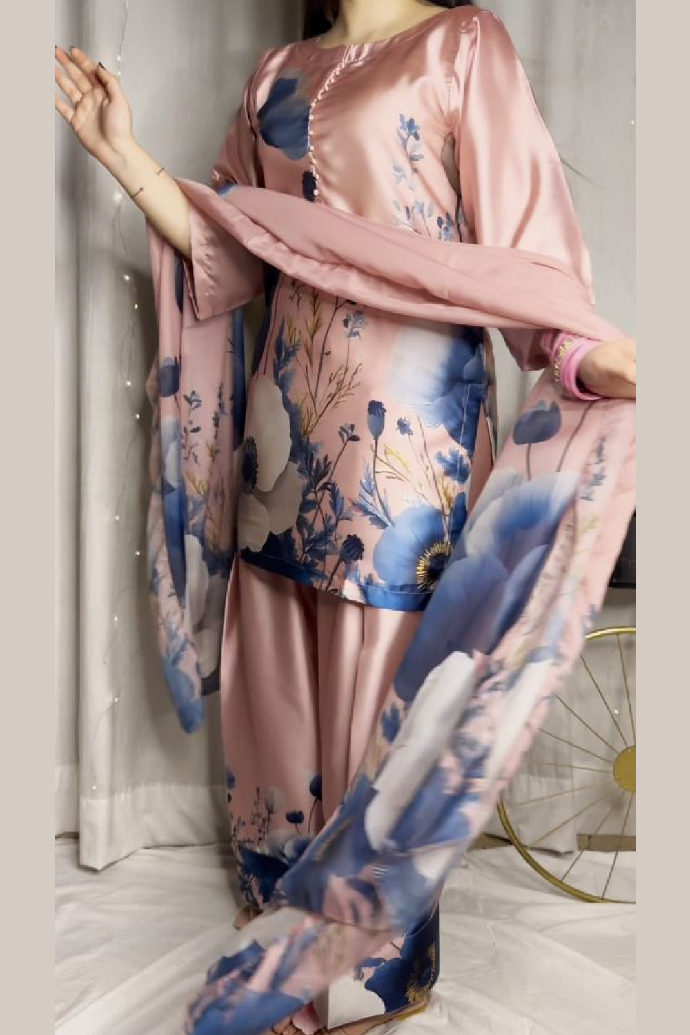 Pink Blue Floral Farshi Shalwar Kameez with Printed Dupatta
