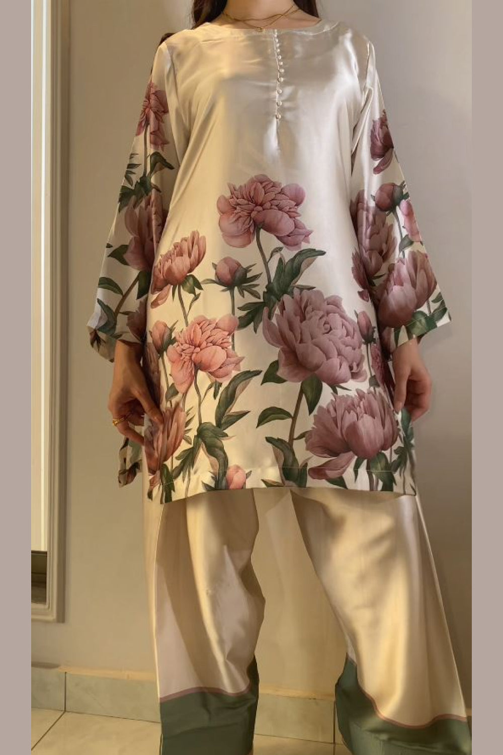 Cream Pink Floral Farshi Shalwar Kameez with Green Border