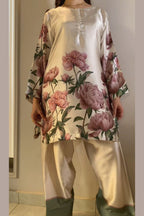 Cream Pink Floral Farshi Shalwar Kameez with Green Border