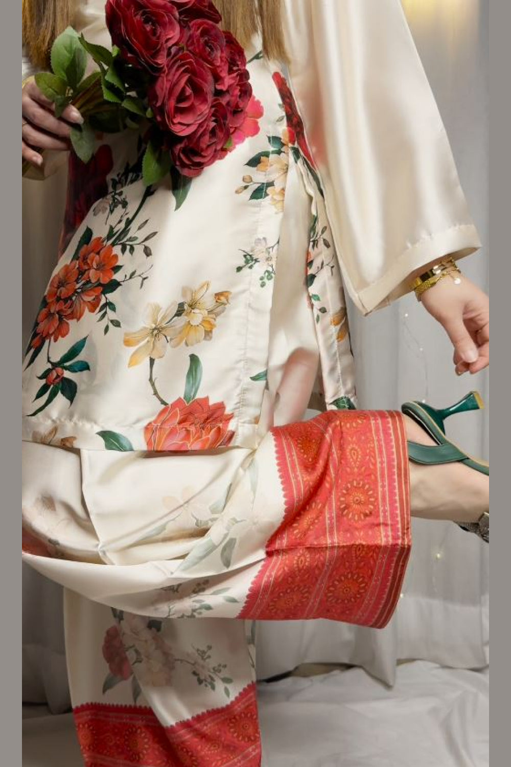 Cream Floral Farshi Shalwar Kameez with Red Border
