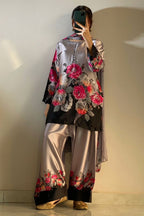 Black Grey Floral Farshi Shalwar Kameez with Printed Dupatta