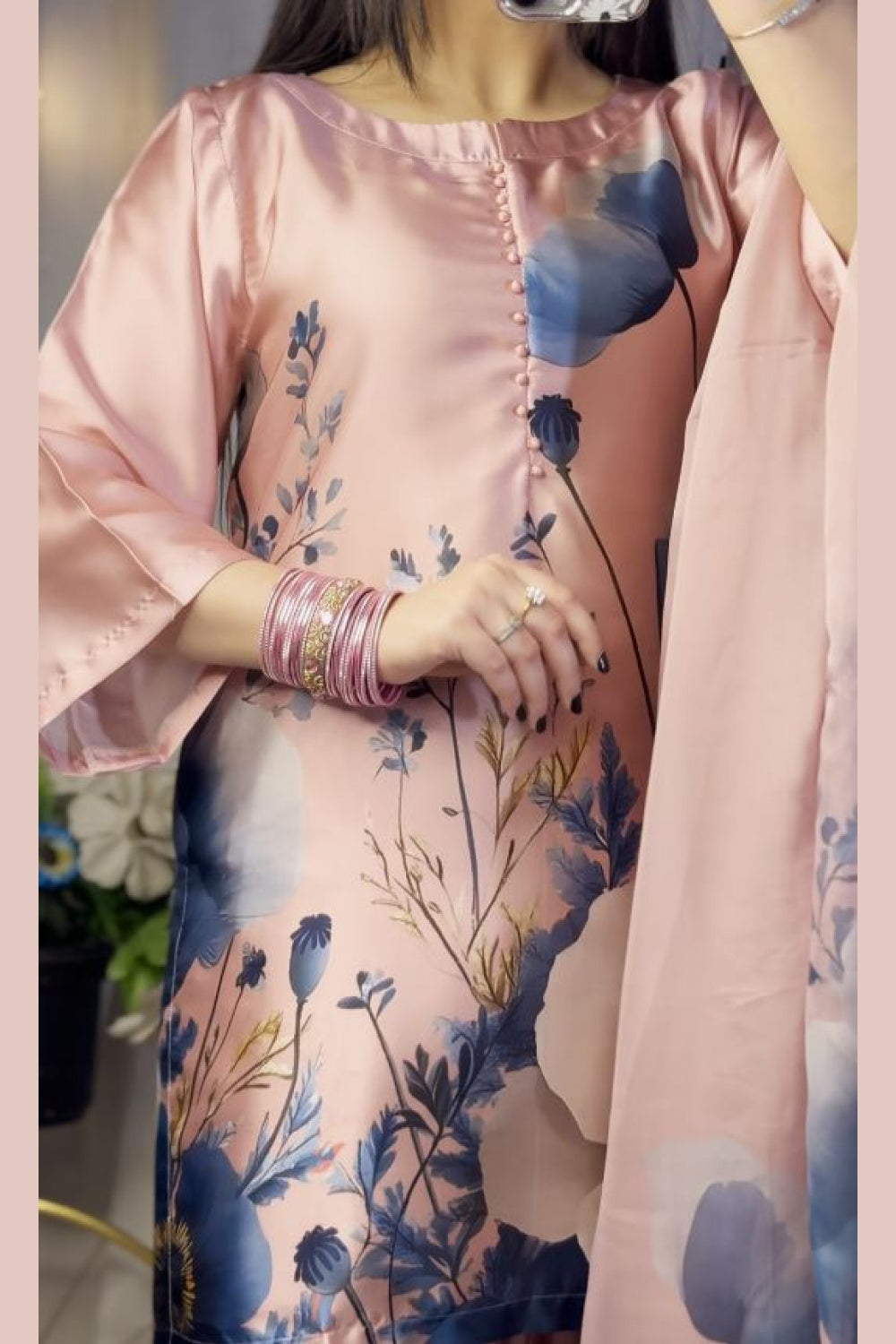 Pink Blue Floral Farshi Shalwar Kameez with Printed Dupatta