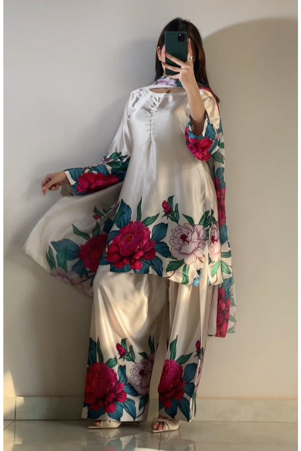 Cream Floral Farshi Shalwar Kameez with Pink Peony Print