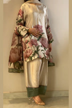 Cream Pink Floral Farshi Shalwar Kameez with Green Border