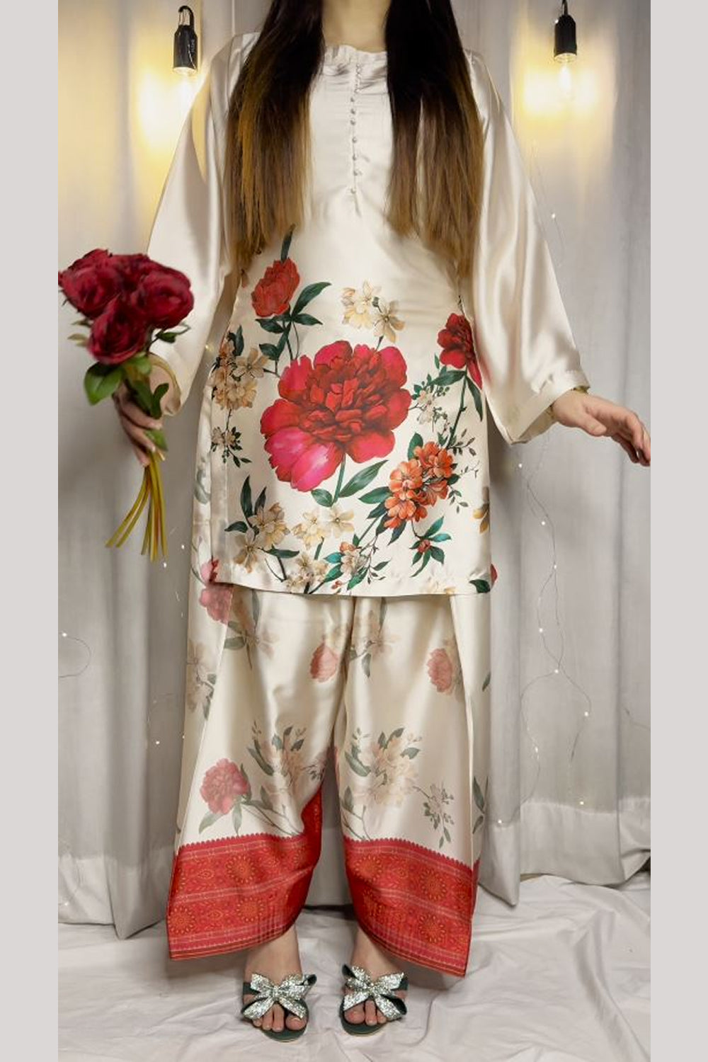Cream Floral Farshi Shalwar Kameez with Red Border