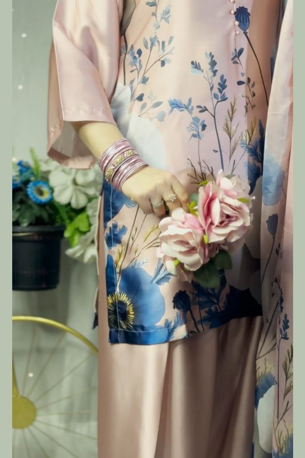 Pink Blue Floral Farshi Shalwar Kameez with Printed Dupatta
