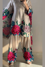 Cream Floral Farshi Shalwar Kameez with Pink Peony Print