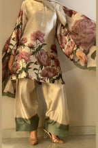 Cream Pink Floral Farshi Shalwar Kameez with Green Border