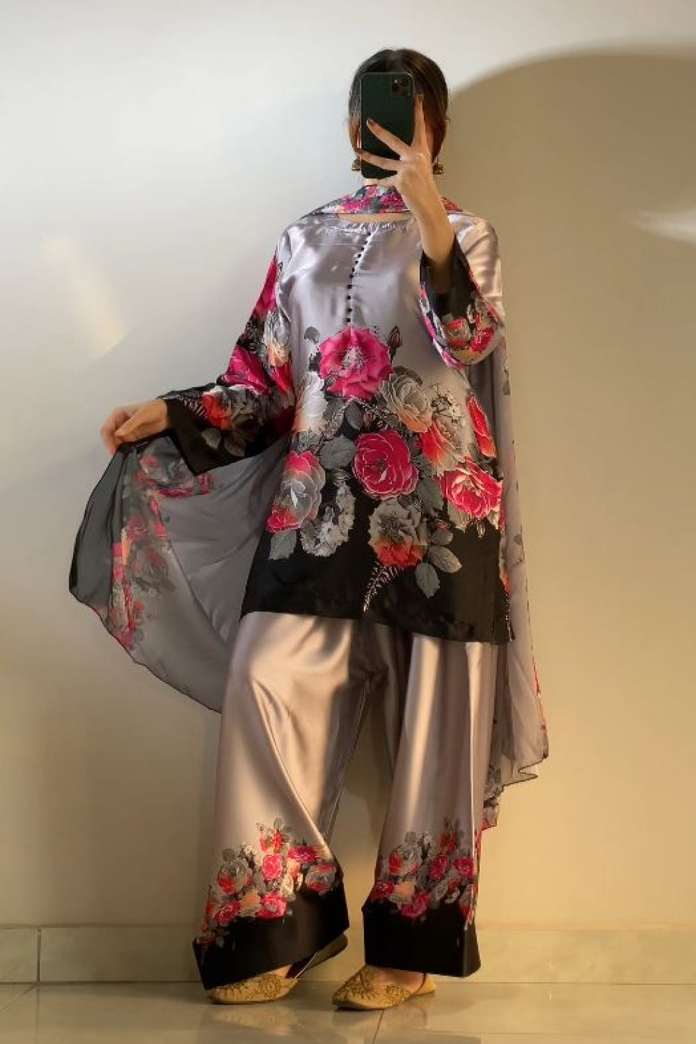 Black Grey Floral Farshi Shalwar Kameez with Printed Dupatta