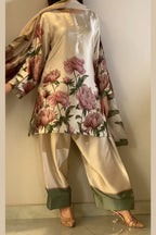 Cream Pink Floral Farshi Shalwar Kameez with Green Border