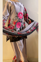 Black Grey Floral Farshi Shalwar Kameez with Printed Dupatta