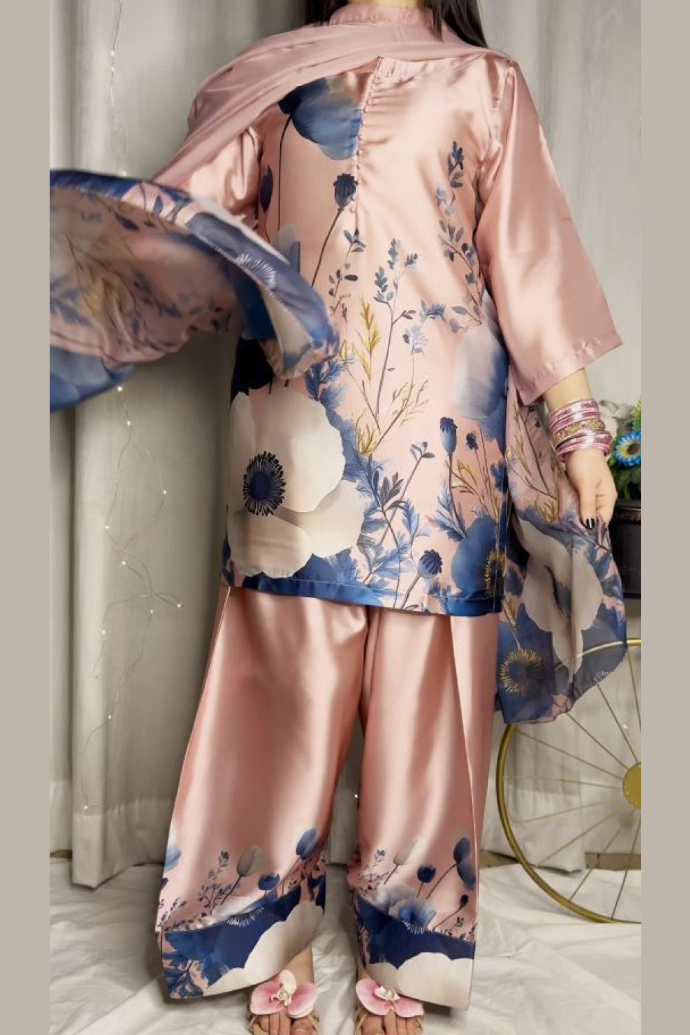 Pink Blue Floral Farshi Shalwar Kameez with Printed Dupatta