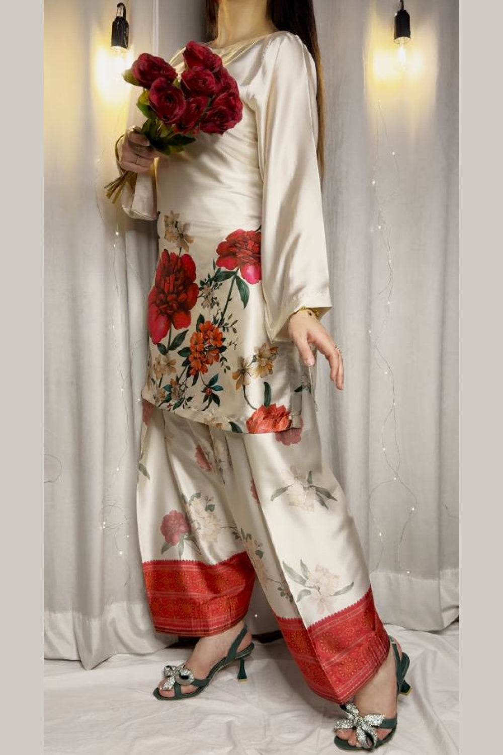 Cream Floral Farshi Shalwar Kameez with Red Border