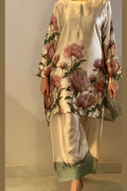 Cream Pink Floral Farshi Shalwar Kameez with Green Border