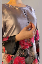 Black Grey Floral Farshi Shalwar Kameez with Printed Dupatta