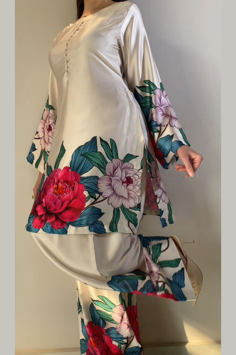 Cream Floral Farshi Shalwar Kameez with Pink Peony Print