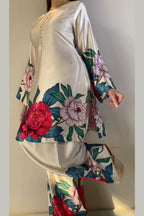 Cream Floral Farshi Shalwar Kameez with Pink Peony Print