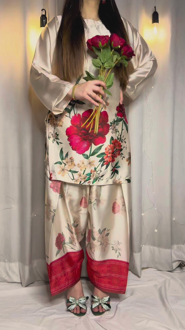 Cream Floral Farshi Shalwar Kameez with Red Border