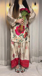 Cream Floral Farshi Shalwar Kameez with Red Border
