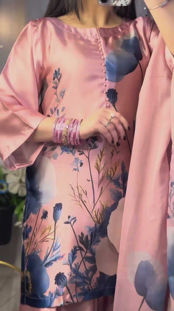 Pink Blue Floral Farshi Shalwar Kameez with Printed Dupatta